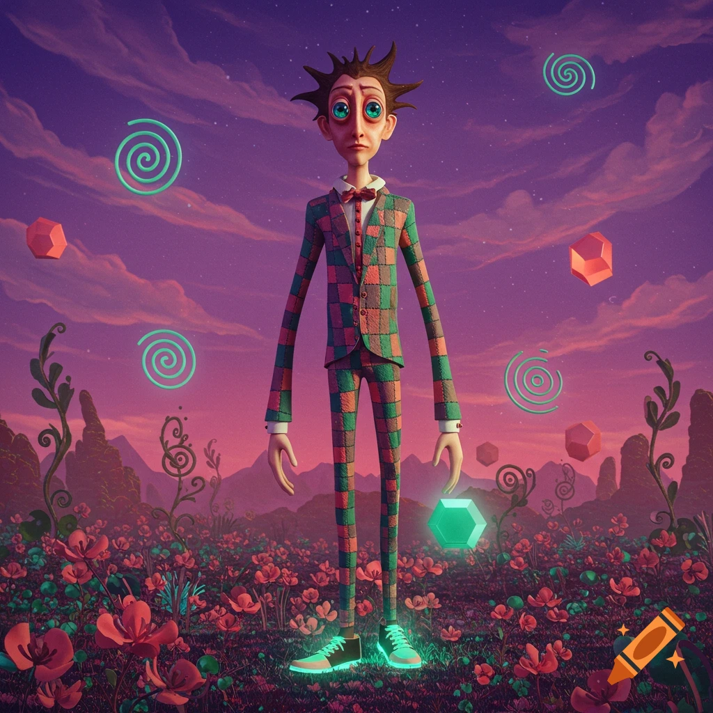 A tall, gaunt man in a checkered green and orange suit stands in a vibrant surreal landscape with red flowers, purple sky, and floating shapes.