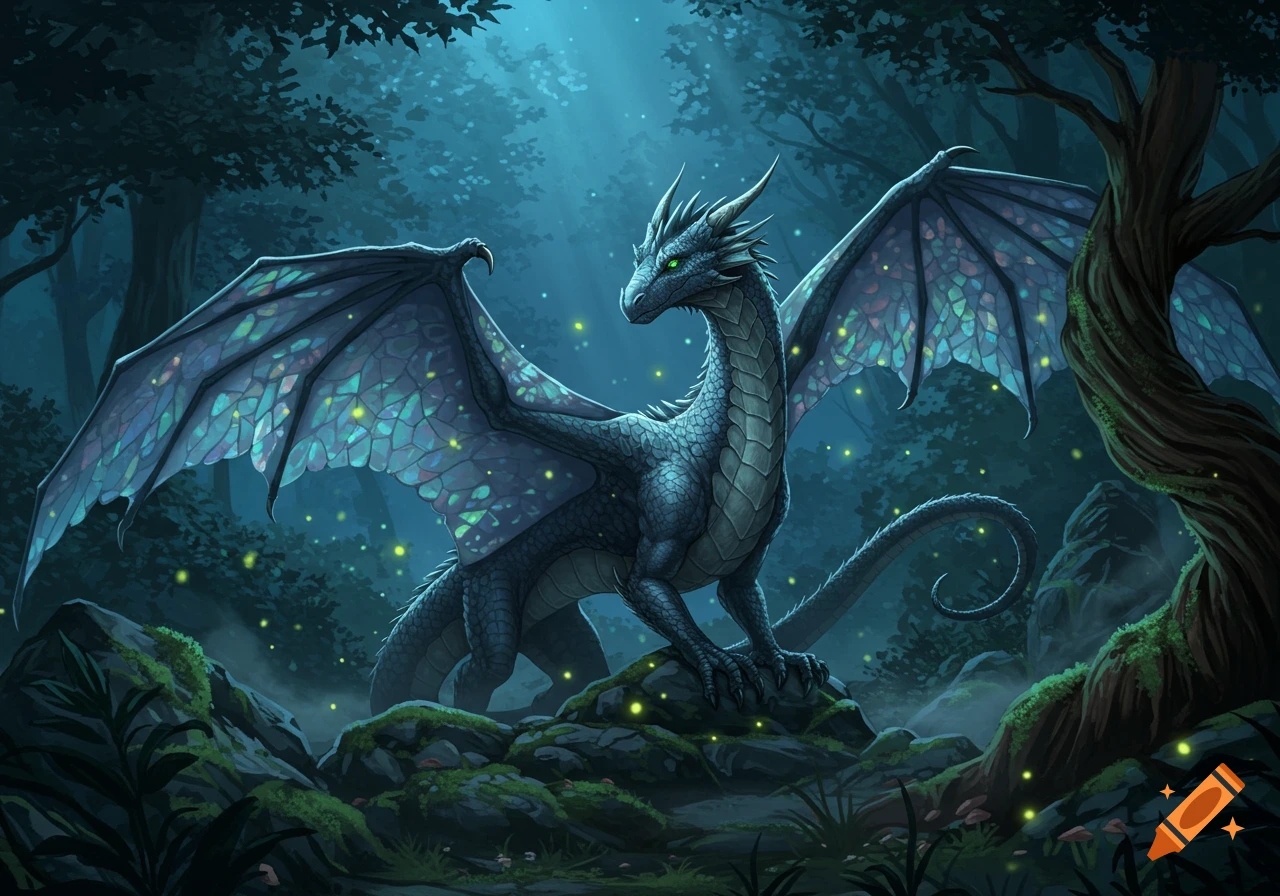 A blue-grey dragon with glowing green eyes and translucent wings stands in a dark, mystical forest with glowing fireflies, digital art.