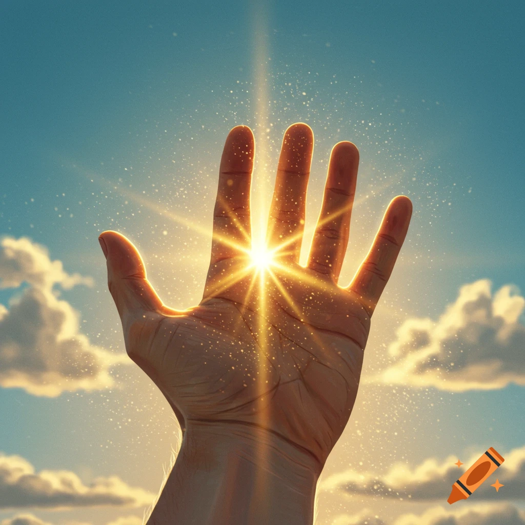 A human hand reaching towards a brilliant sun, casting rays and sparkling light in a blue sky with clouds. Photorealistic.