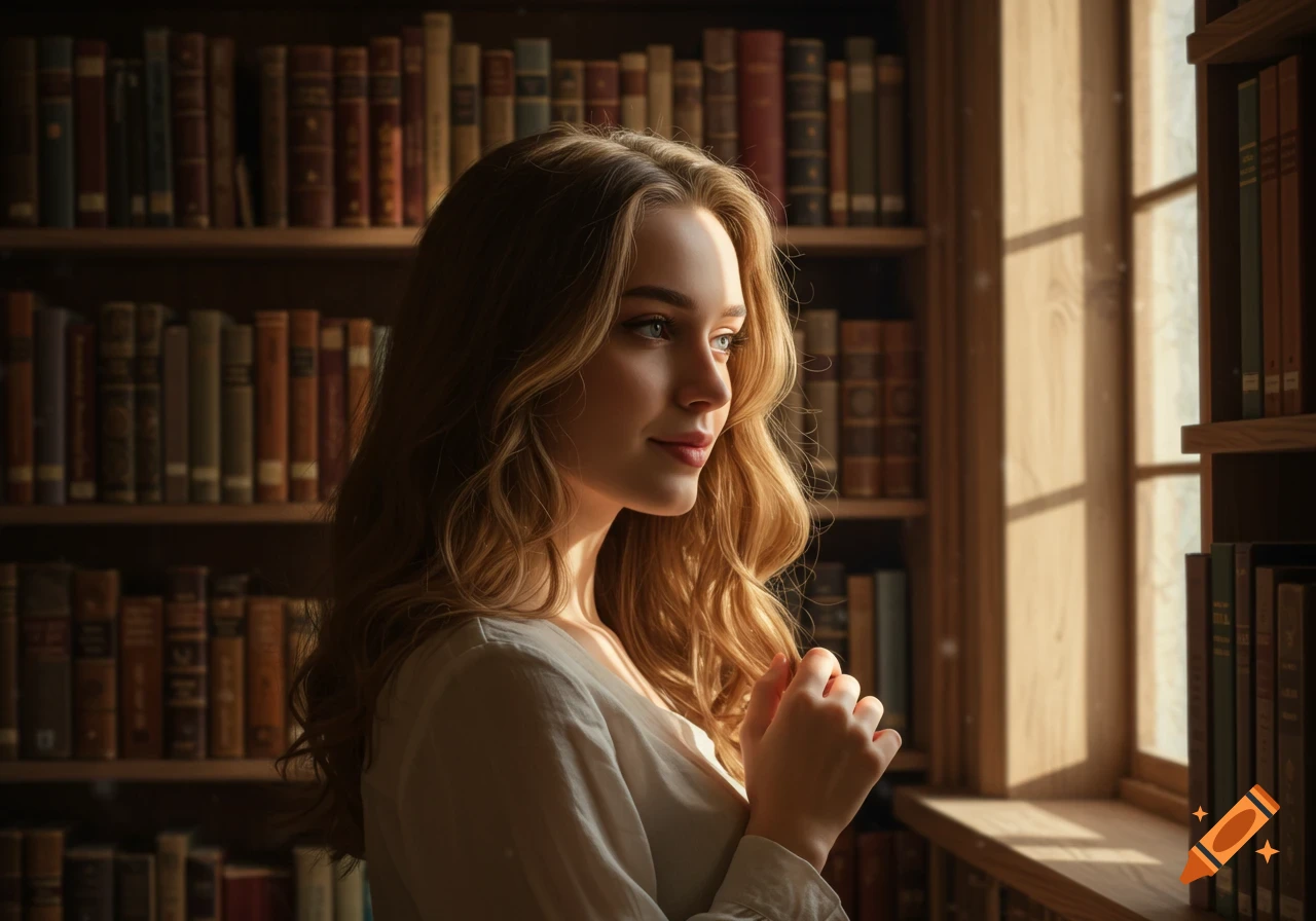 A young woman with golden hair looks thoughtfully towards a sunlit window in a photorealistic library setting.