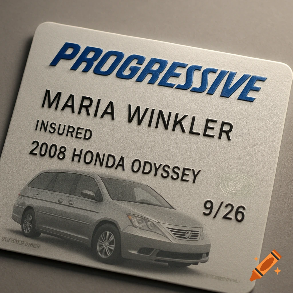 Realistic, angled close-up of a Progressive insurance card for Maria Winkler and a 2008 Honda Odyssey, showing 9/26 expiration.