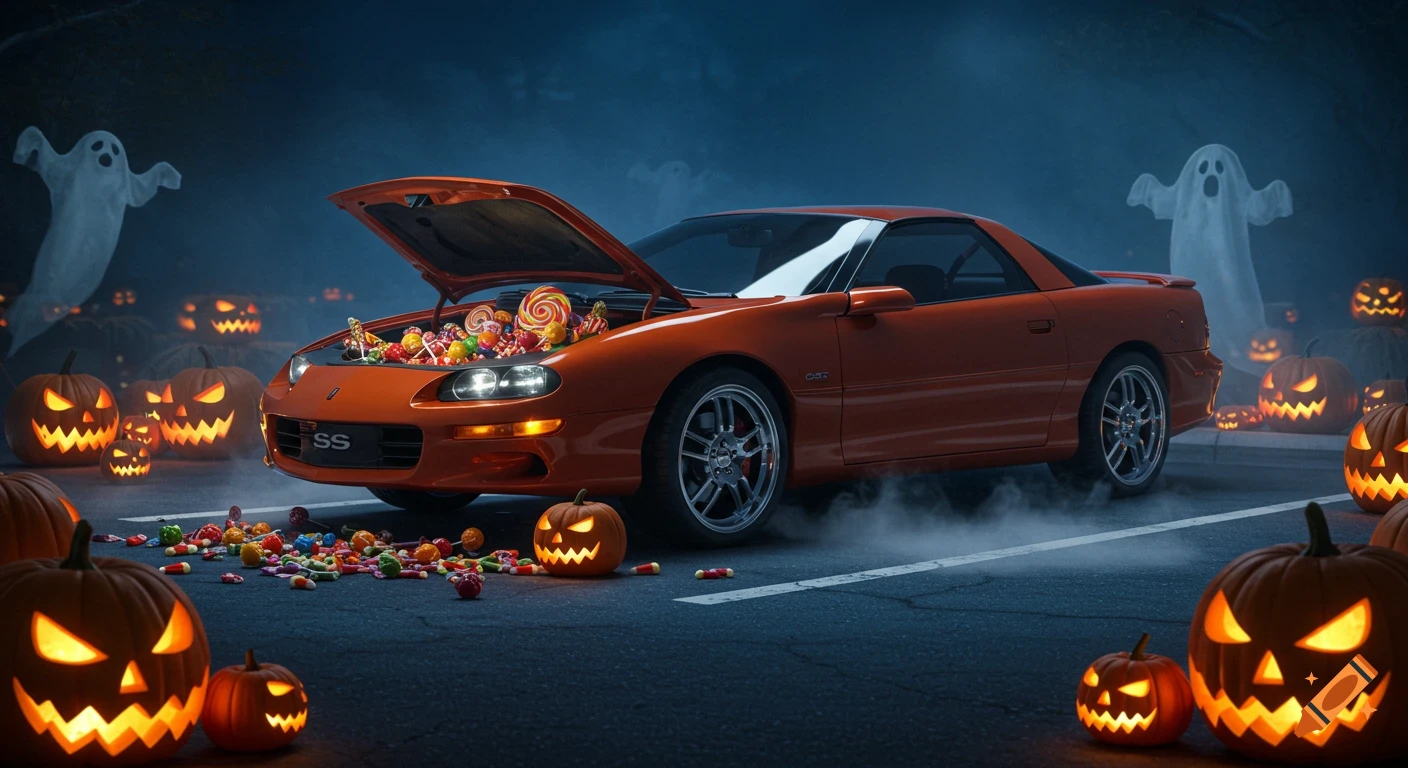 An orange Camaro SS with its trunk full of Halloween candy, surrounded by jack-o'-lanterns and ghosts in a dark lot.