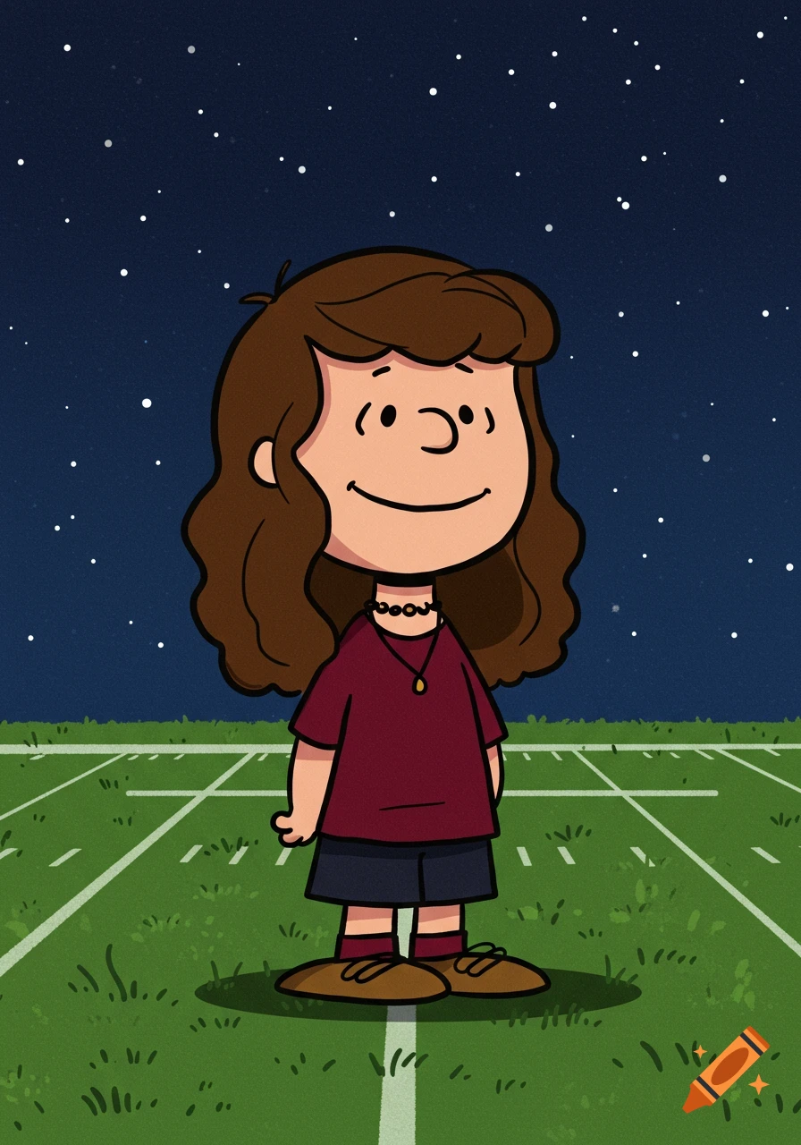A Peanuts-style cartoon woman with brown wavy hair, a maroon shirt, and a necklace stands on a football field at night under a starry sky.