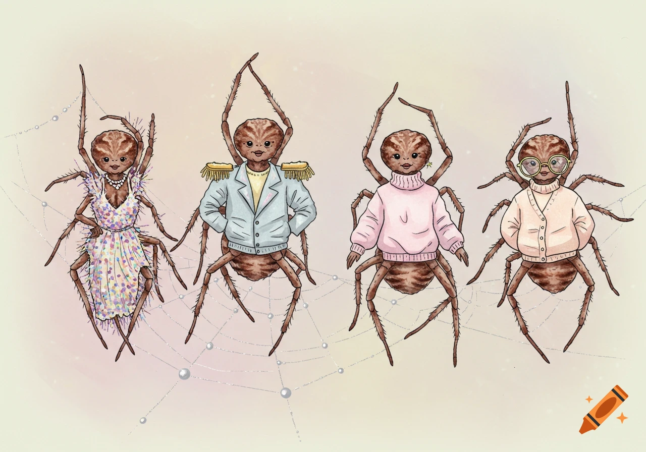 Four anthropomorphic spiders in vintage 1980s fashion sit on a web in a whimsical watercolor illustration.