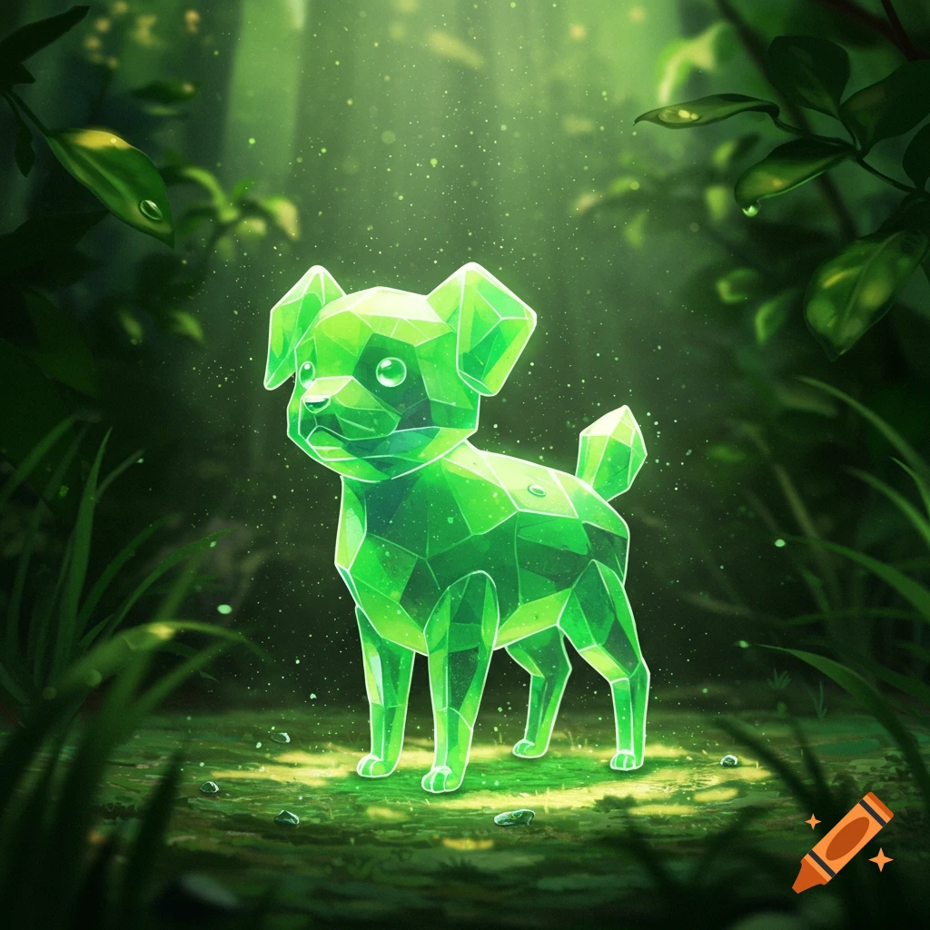 A glowing, bright green prism-shaped dog stands in a dark, magical forest.
