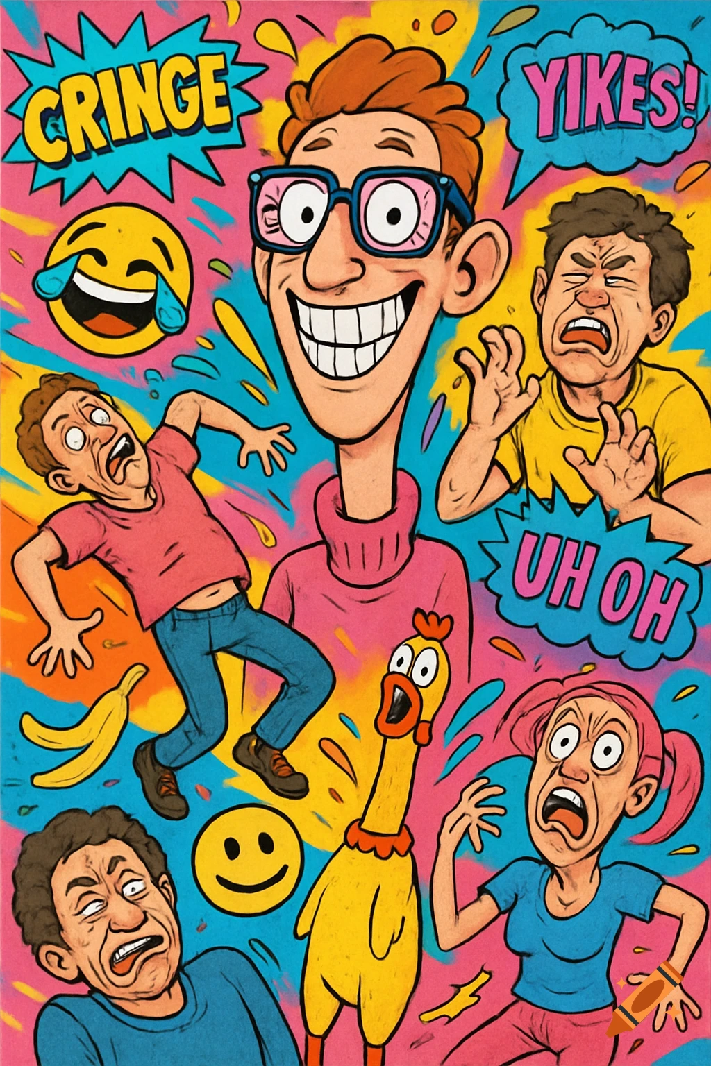 A colorful, exaggerated cartoon illustration with various characters reacting with cringe expressions, alongside text bubbles saying 'CRINGE', 'YIKES!', and 'UH OH', and emojis.