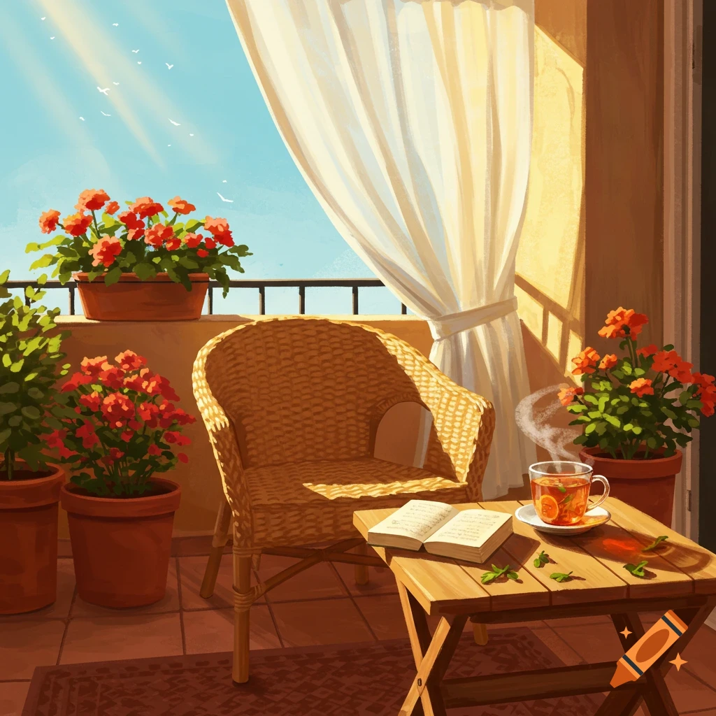A sunny balcony with potted red flowers, a wicker chair, and a small table with a teacup and an open book, in a warm, illustrated style.