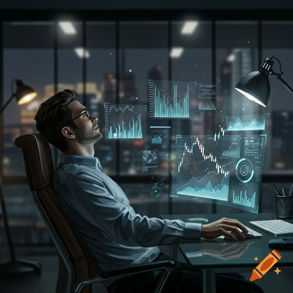 A man in an office chair observes multiple holographic financial data displays, with a city skyline at night in the background.