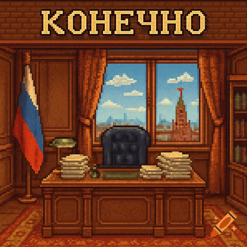 16-bit pixel art of a Kremlin office with a wooden desk, Russian flag, and a city view with a building resembling the Kremlin. Text 'КОНЕЧНО' is at the top.