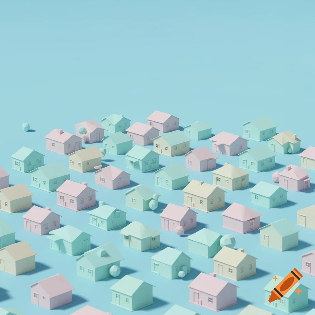 Multiple small pastel isometric houses arranged in a grid on a flat blue ground, in a minimalist 3D style.
