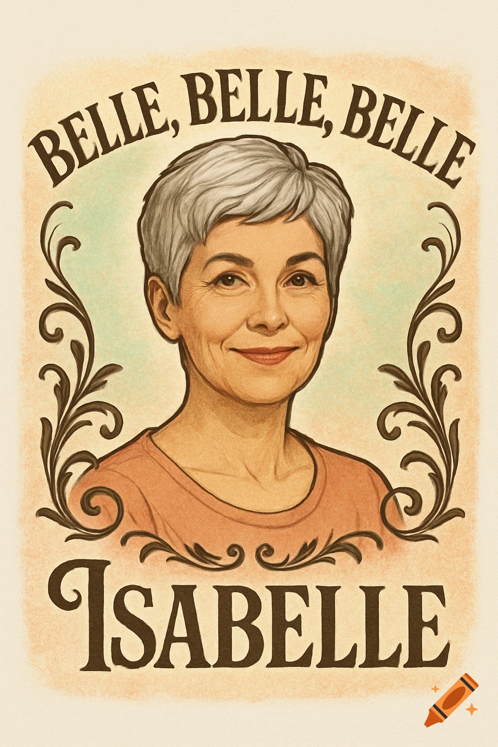 Vintage illustration of a smiling woman with short gray hair, framed by decorative swirls, with 'BELLE, BELLE, BELLE' above and 'ISABELLE' below.