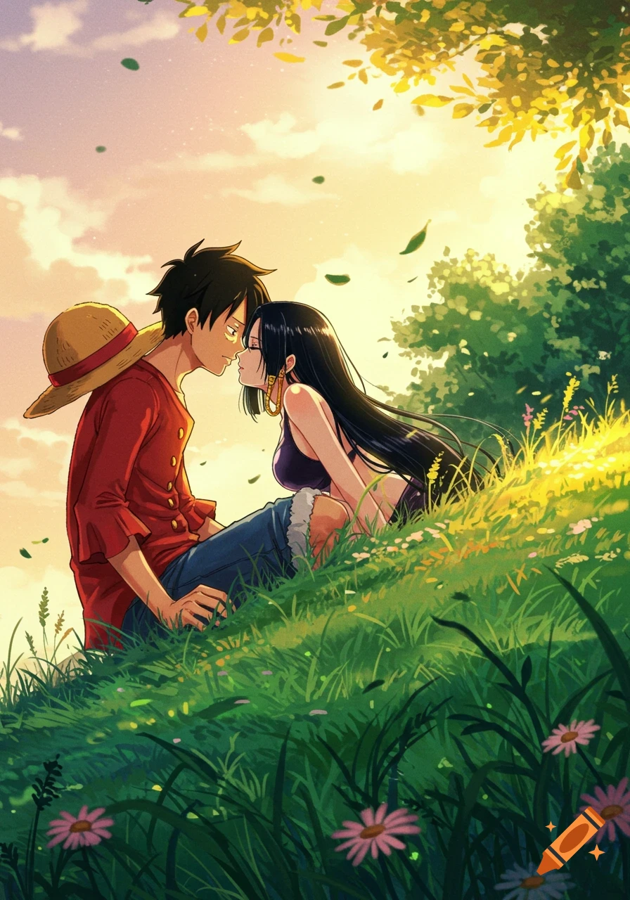 Anime characters Luffy and Boa Hancock lean in for a kiss on a grassy hill during sunset.