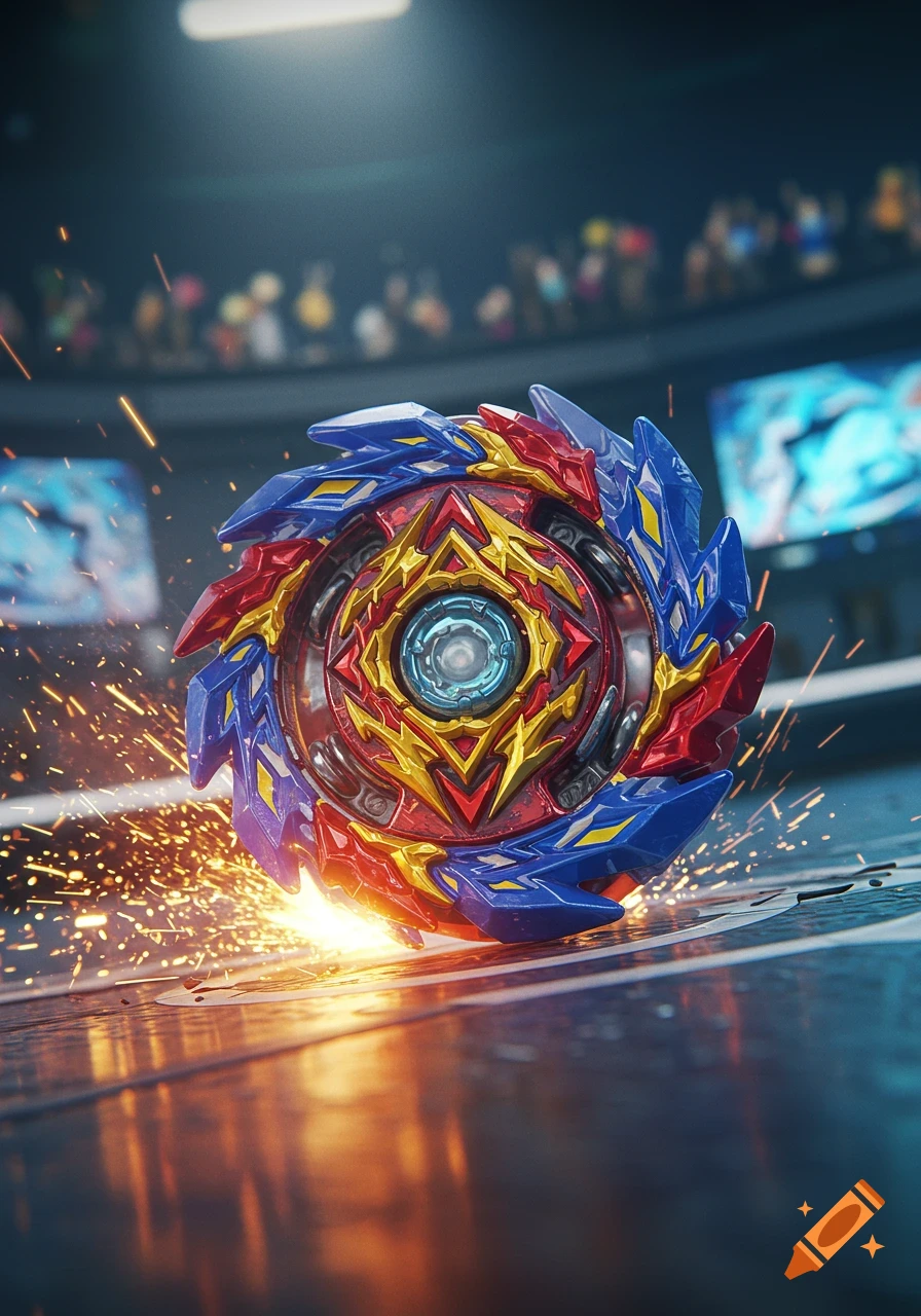 A red, blue, and gold Beyblade spins on a dark arena floor, emitting bright orange sparks. Spectators and screens are blurred in the background.