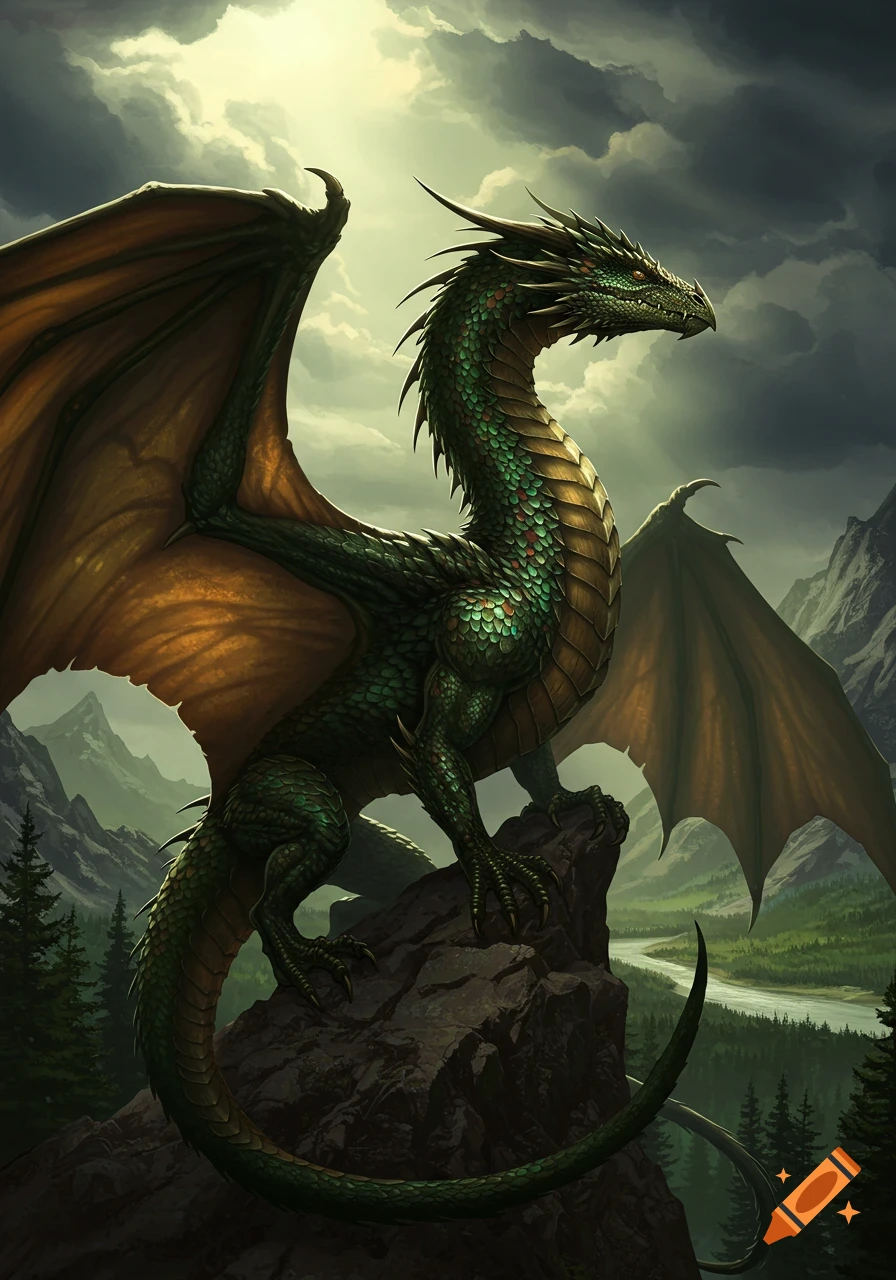 A majestic green and gold dragon with large wings perches on a rock in a mountainous valley with a river under a dramatic sky.