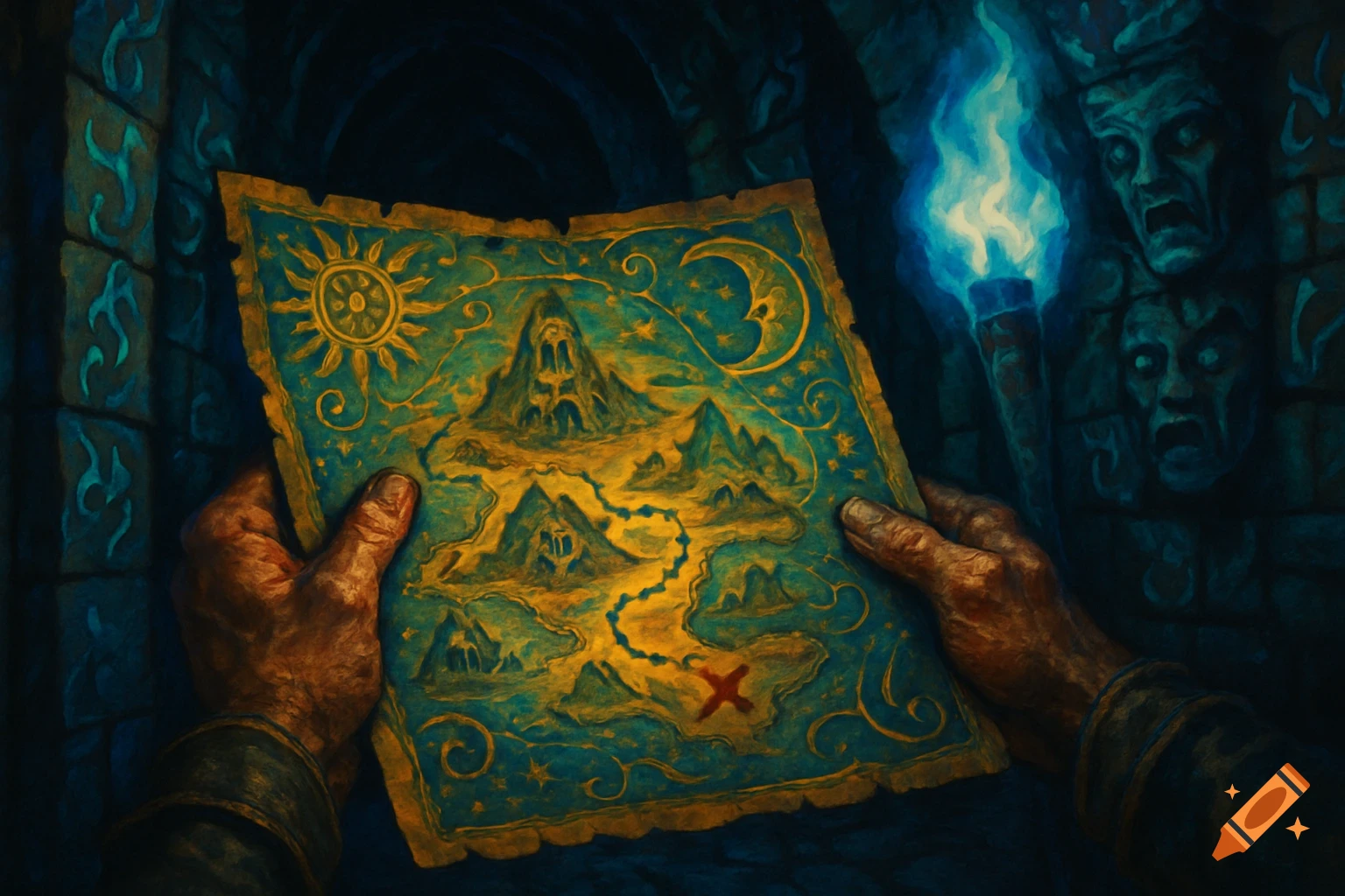 Adventurer's hands hold a glowing treasure map in a dark, torchlit labyrinth with carved faces on the walls, in a fantasy art style.