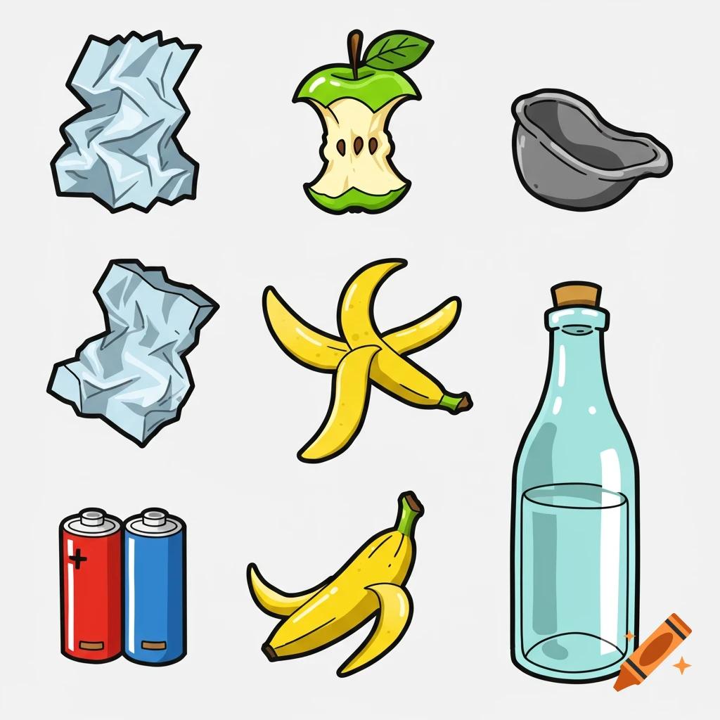 Various cartoon-style icons of trash and recyclable items, including crumpled paper, an apple core, banana peels, batteries, a glass bottle, and a gray container, all on a white background.