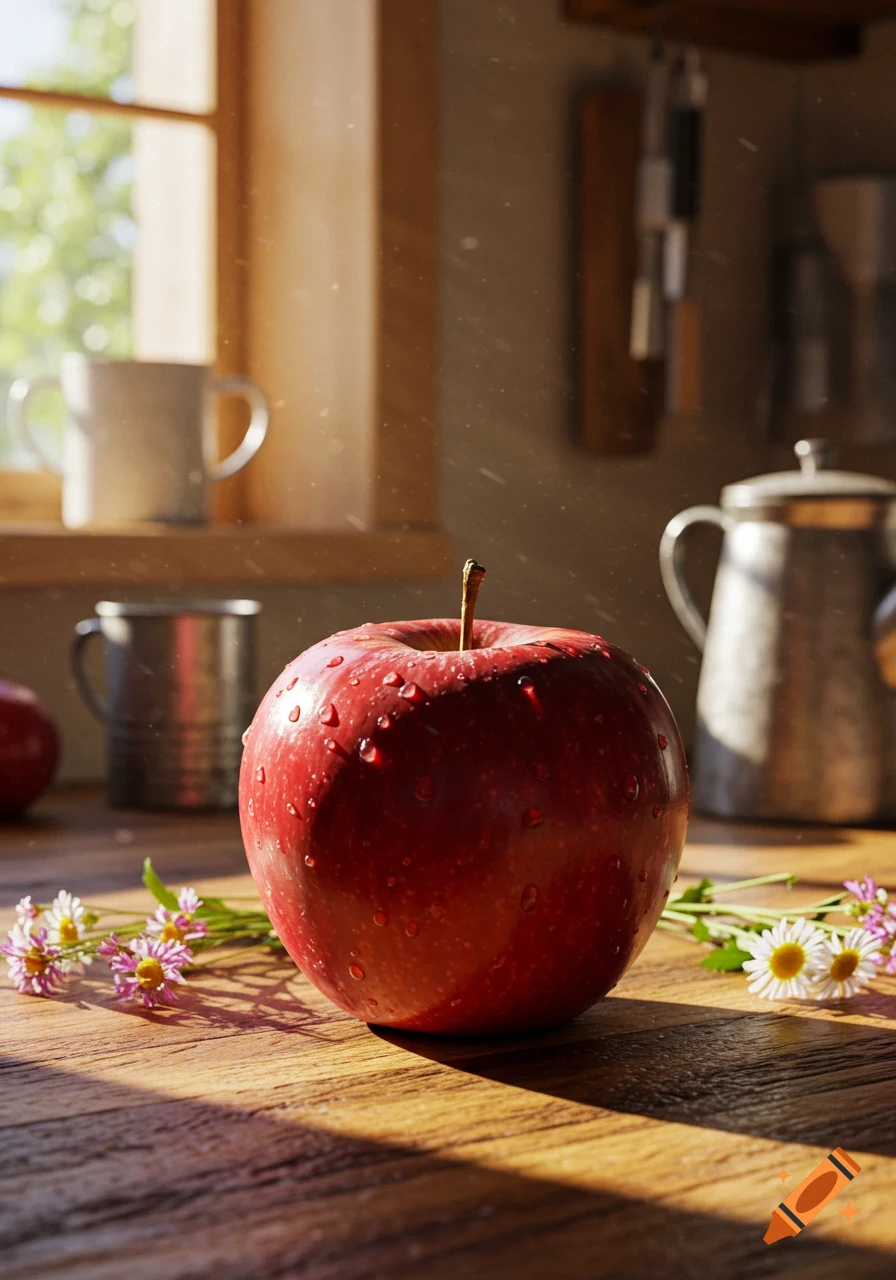 Photorealistic image of a red apple with water droplets on a wooden table, surrounded by small white and pink flowers, bathed in sunlight from a window.