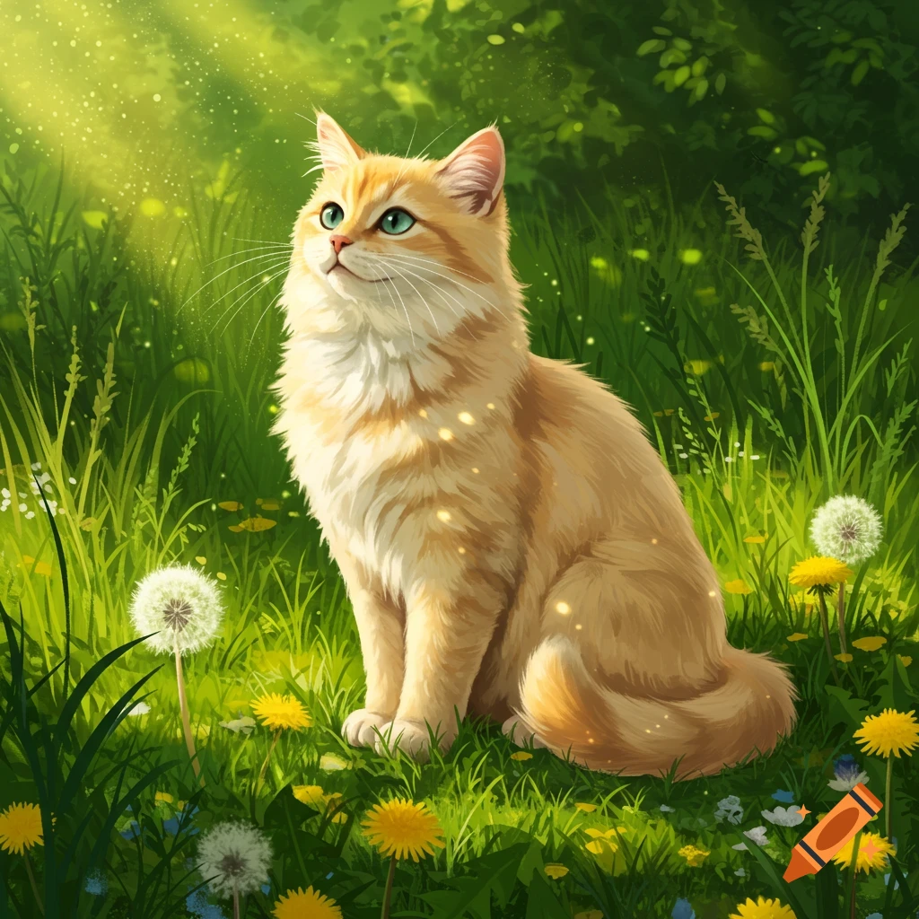 A golden-cream fluffy cat with pale green eyes sits in a sunny meadow filled with dandelions, in a semi-realistic style.