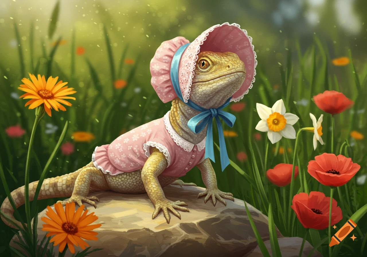 A cute lizard in a pink dress and bonnet sits on a rock amidst colorful flowers in a whimsical, illustrative style.
