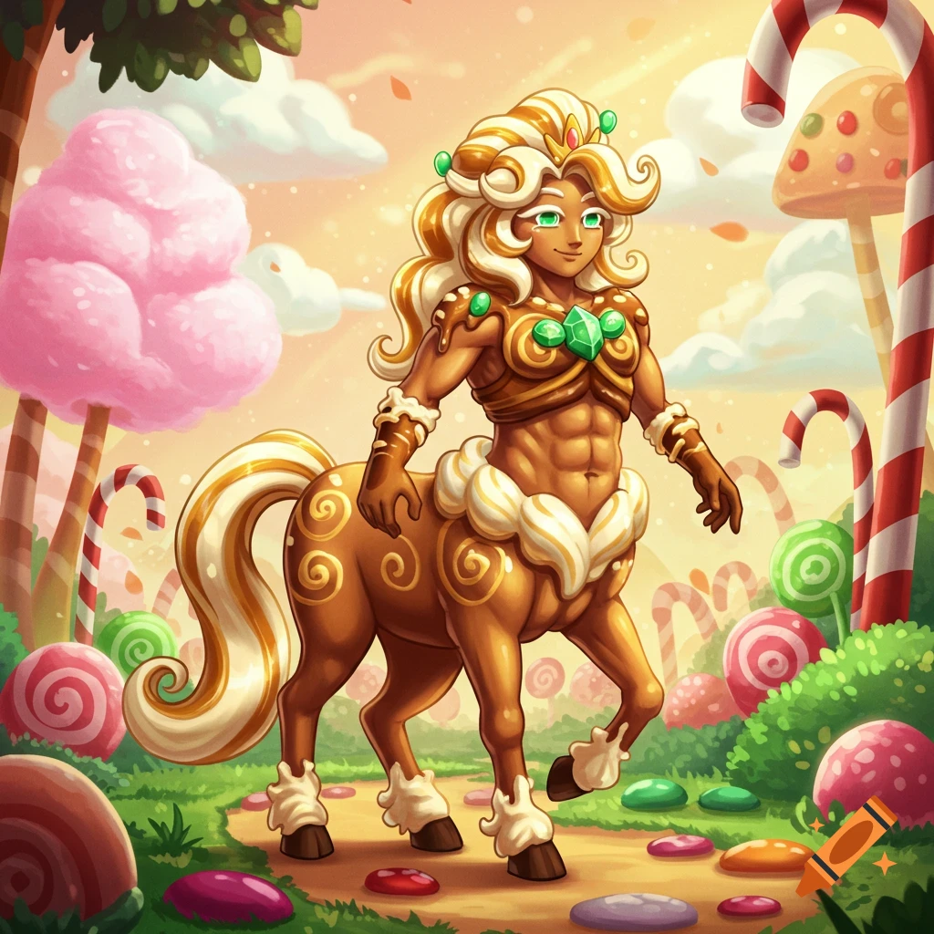 A muscular gingerbread centaur with a crown and emeralds walks through a vibrant candy land with lollipops and cotton candy trees, in a colorful cartoon style.
