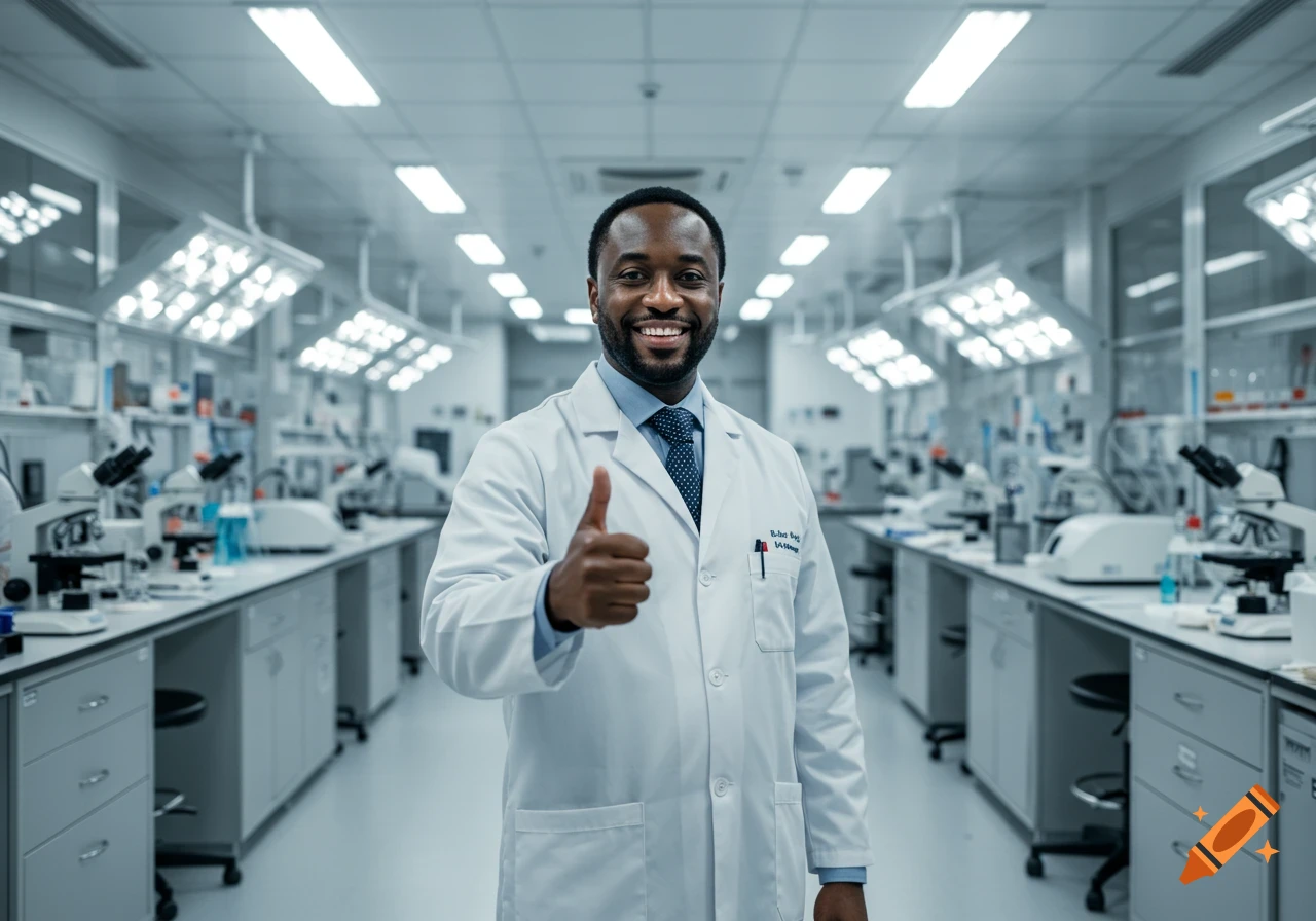 Smiling Black male doctor in a white lab coat gives a thumbs up in a bright, modern laboratory. Photorealistic.