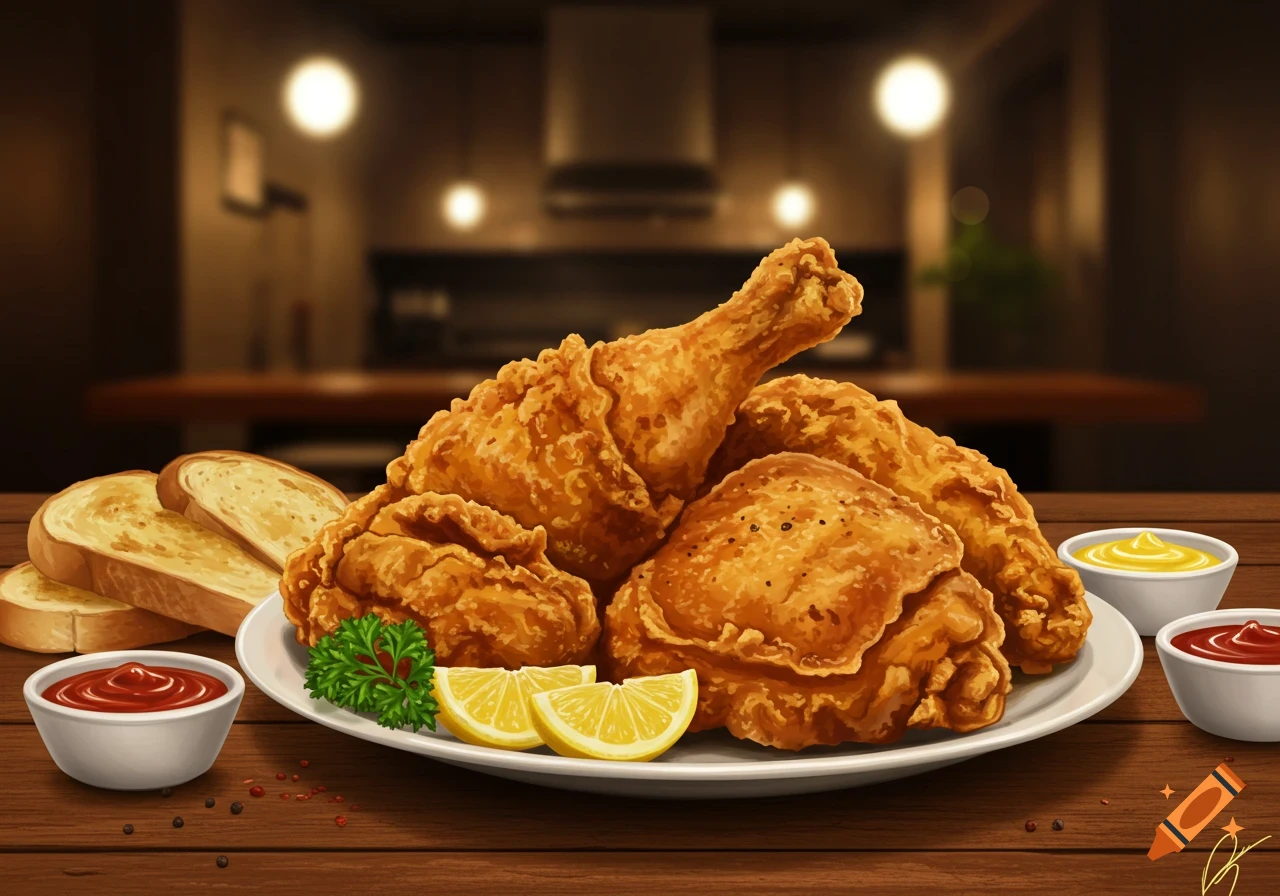 Illustrated plate of crispy fried chicken with lemon, parsley, toast, ketchup, and mustard on a wooden table, blurred background.