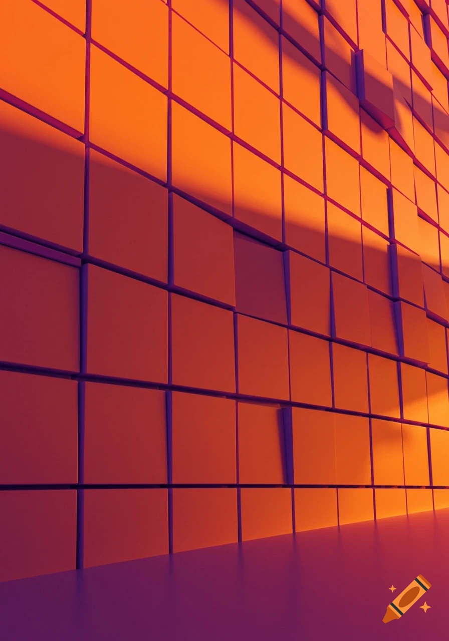 A textured wall of orange and purple blocks, dramatically lit with deep shadows.