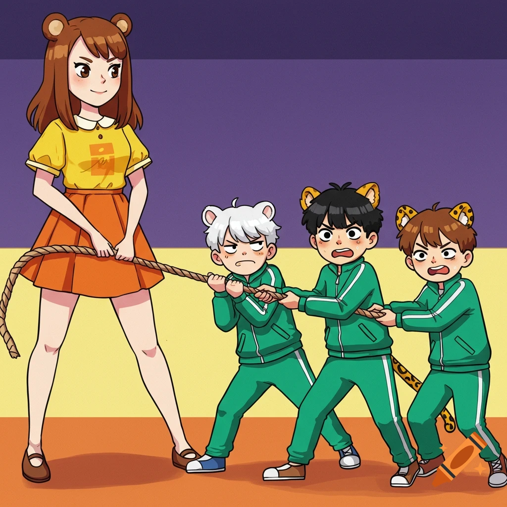 A cartoon illustration of a large girl in a yellow shirt and orange skirt playing tug-of-war with three smaller boys in green tracksuits.