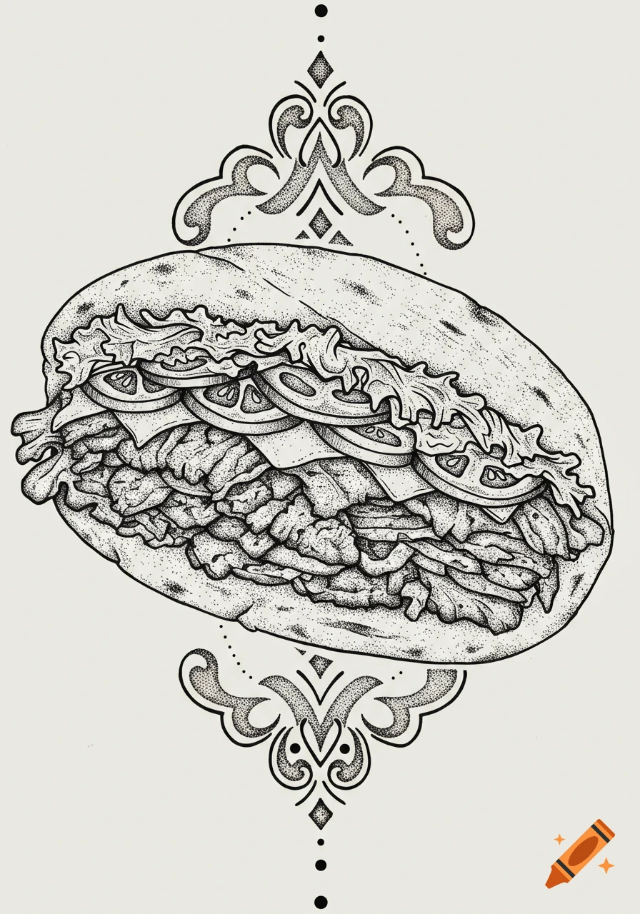 Black and white stippling illustration of a döner kebab sandwich with lettuce, tomatoes, and meat, framed by decorative elements, in a tattoo design style.