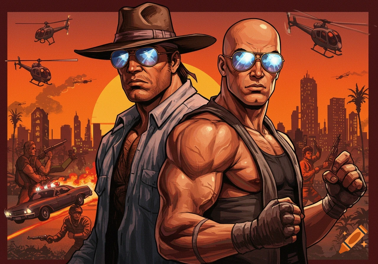 Muscular men in sunglasses, one with a hat, the other bald, against an action-packed city background with helicopters, comic art style.