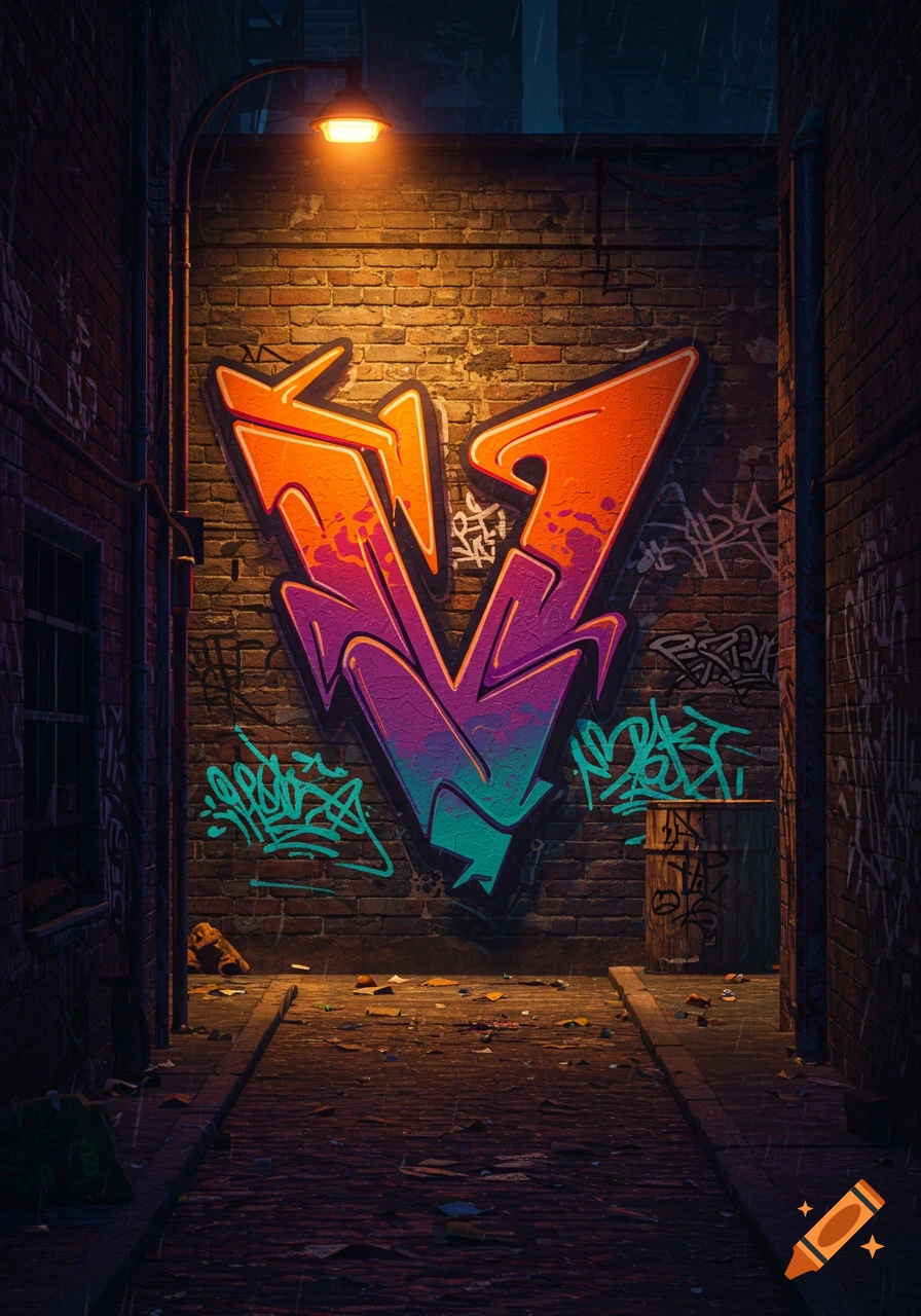 A colorful graffiti letter V on a brick wall in a dark, wet alley lit by a single streetlamp, with scattered trash on the ground.