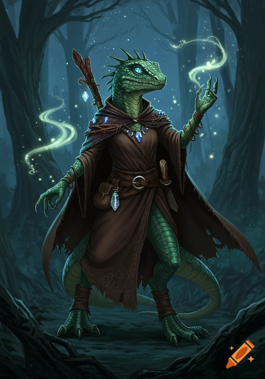 A green-skinned lizard witch in a brown cloak stands in a dark forest, casting a spell with glowing light from her hand, in an airbrush fantasy style.
