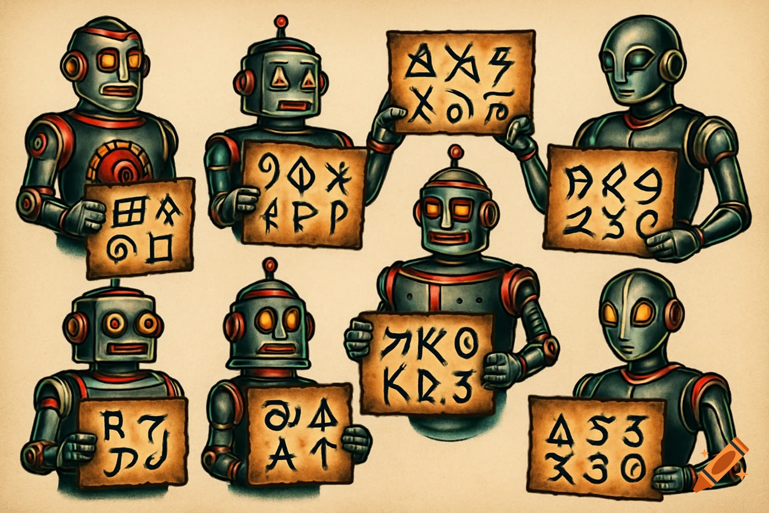 A vintage-style tattoo flash sheet featuring several robots holding cardboard signs with cryptic symbols.