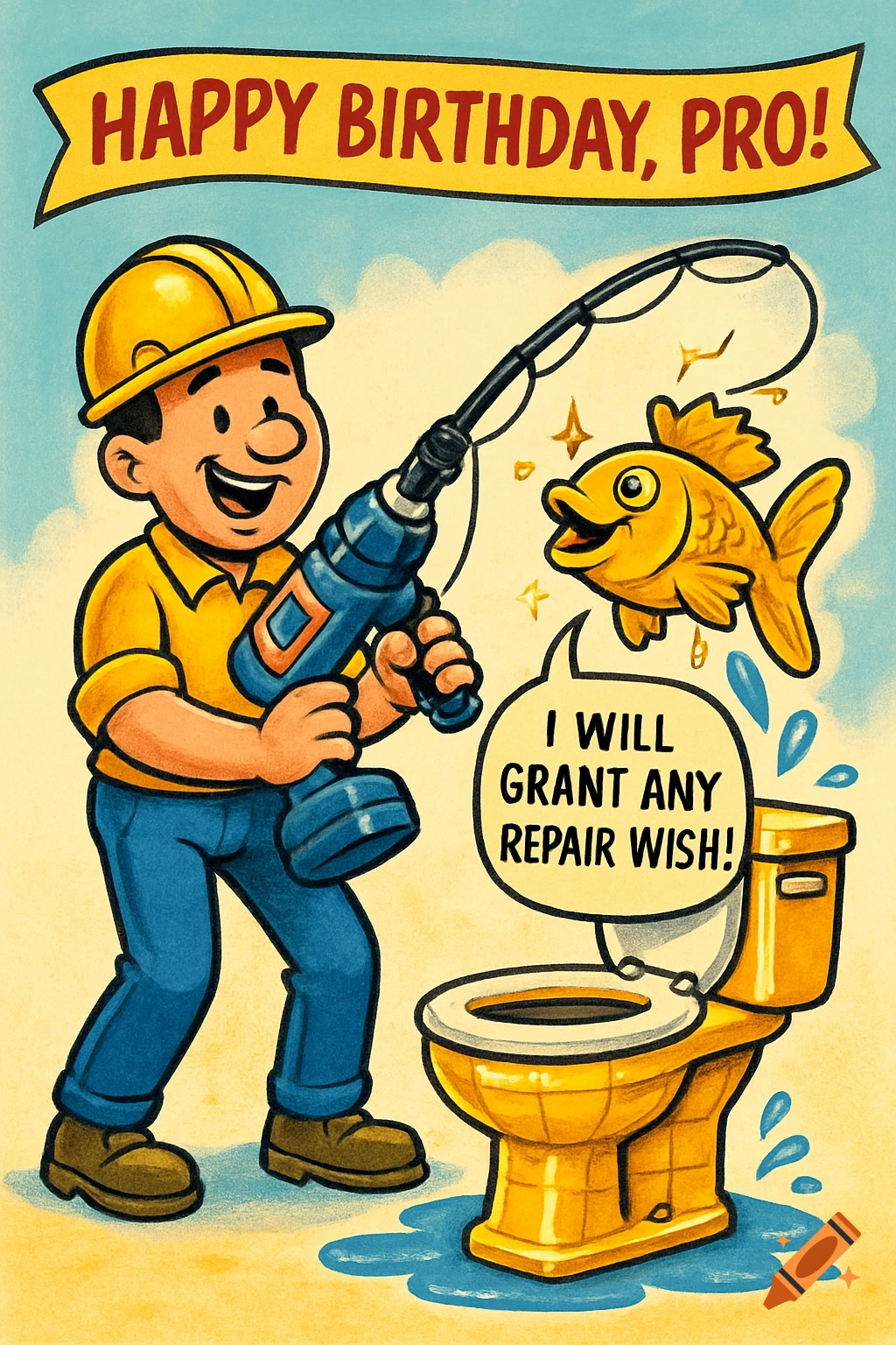 Funny cartoon birthday card with a handyman fishing a golden fish from a toilet with a drill. Text says 'Happy Birthday, Pro!' and 'I will grant any repair wish!'.