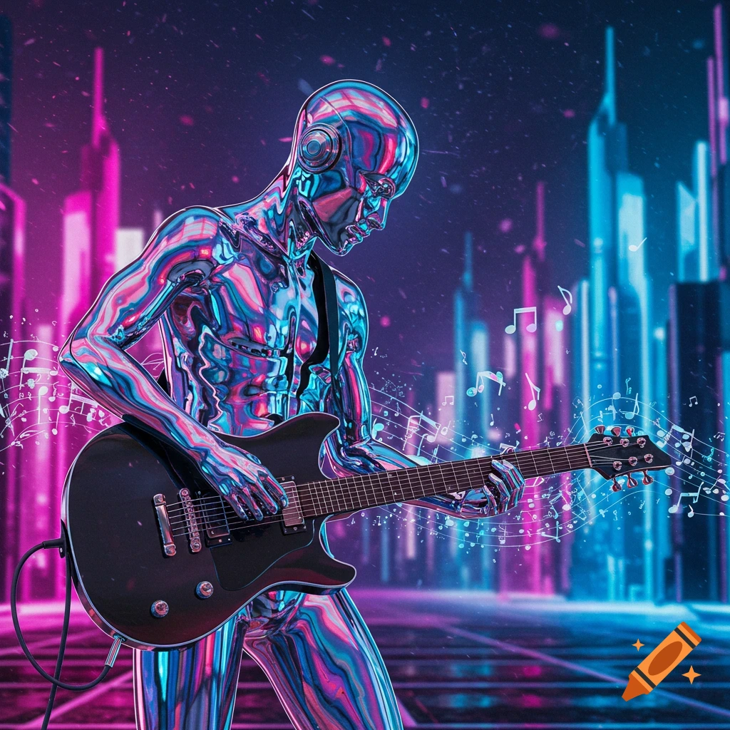 A futuristic chrome robot plays an electric guitar in a neon-lit city, surrounded by musical notes.