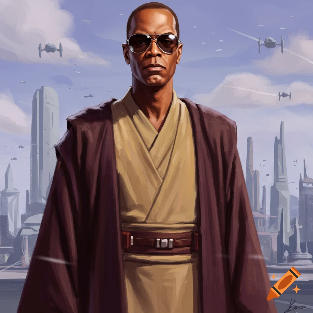 Digital painting of a man resembling Mace Windu wearing sunglasses and Jedi robes, standing in a futuristic city with flying vehicles.
