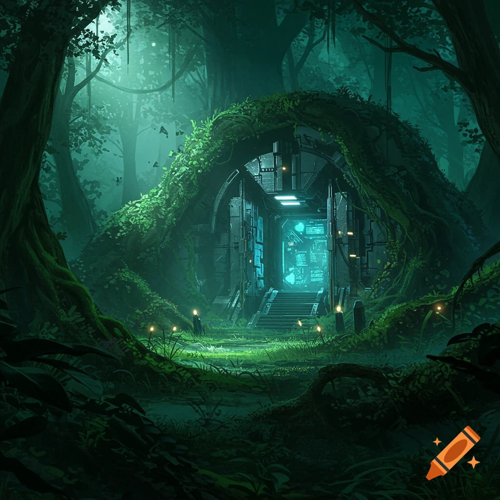 Mysterious overgrown sci-fi base entrance glowing in a dark, lush jungle. Digital art.