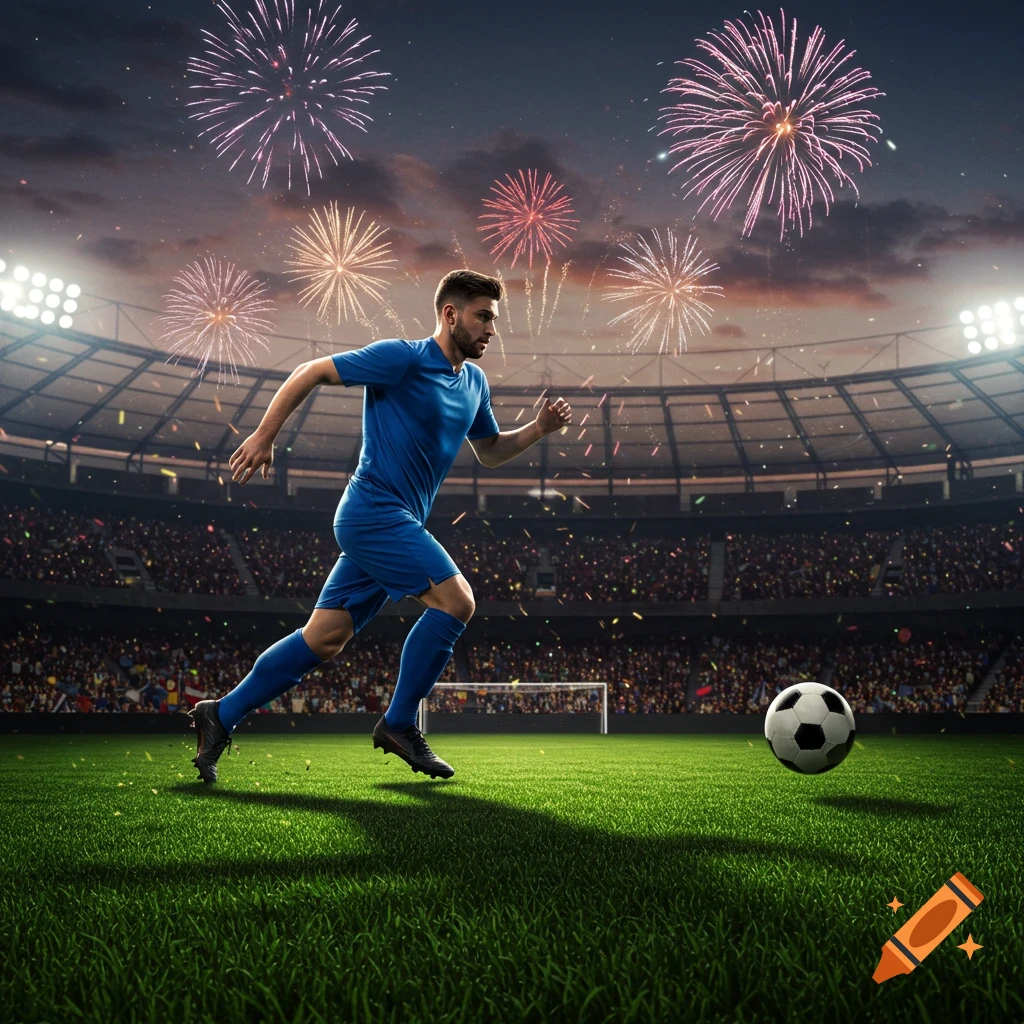 Male soccer player in blue runs with a ball on a stadium field under fireworks. Photorealistic.