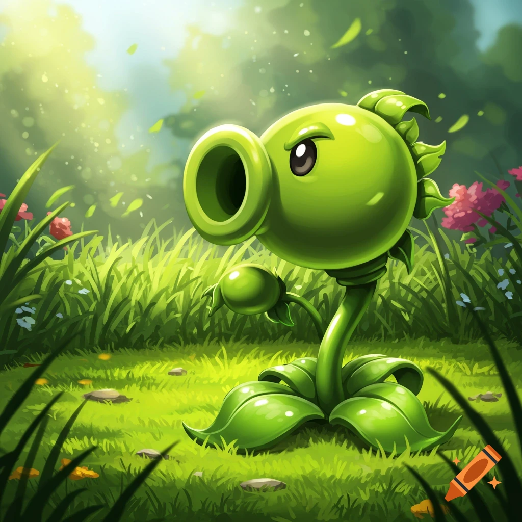 A vibrant, cartoon Peashooter from Plants vs. Zombies stands in tall green grass with flowers in a sunlit forest.