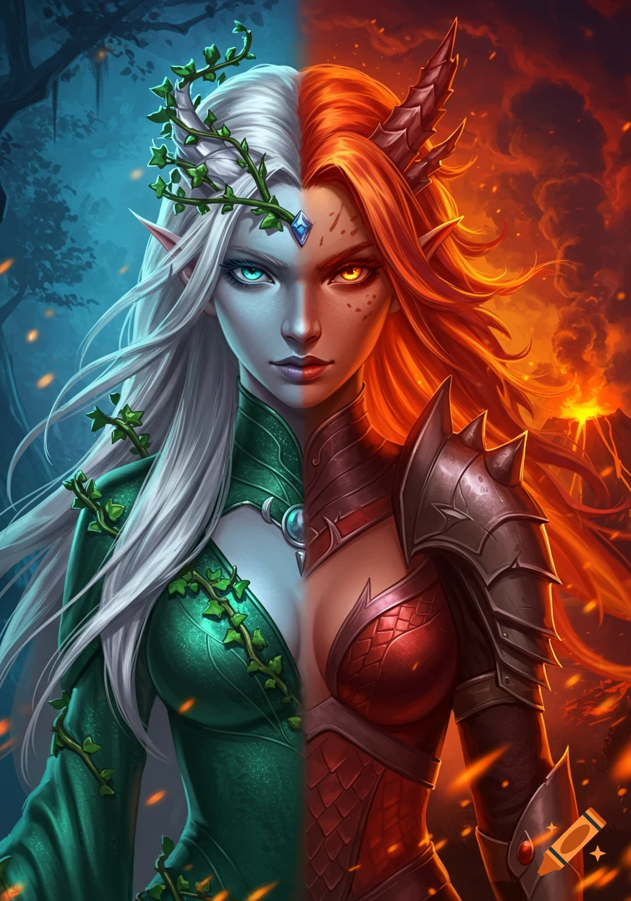 Fantasy portrait of a woman split in half, one side an ice elf with white hair, the other a fire demon with red hair.
