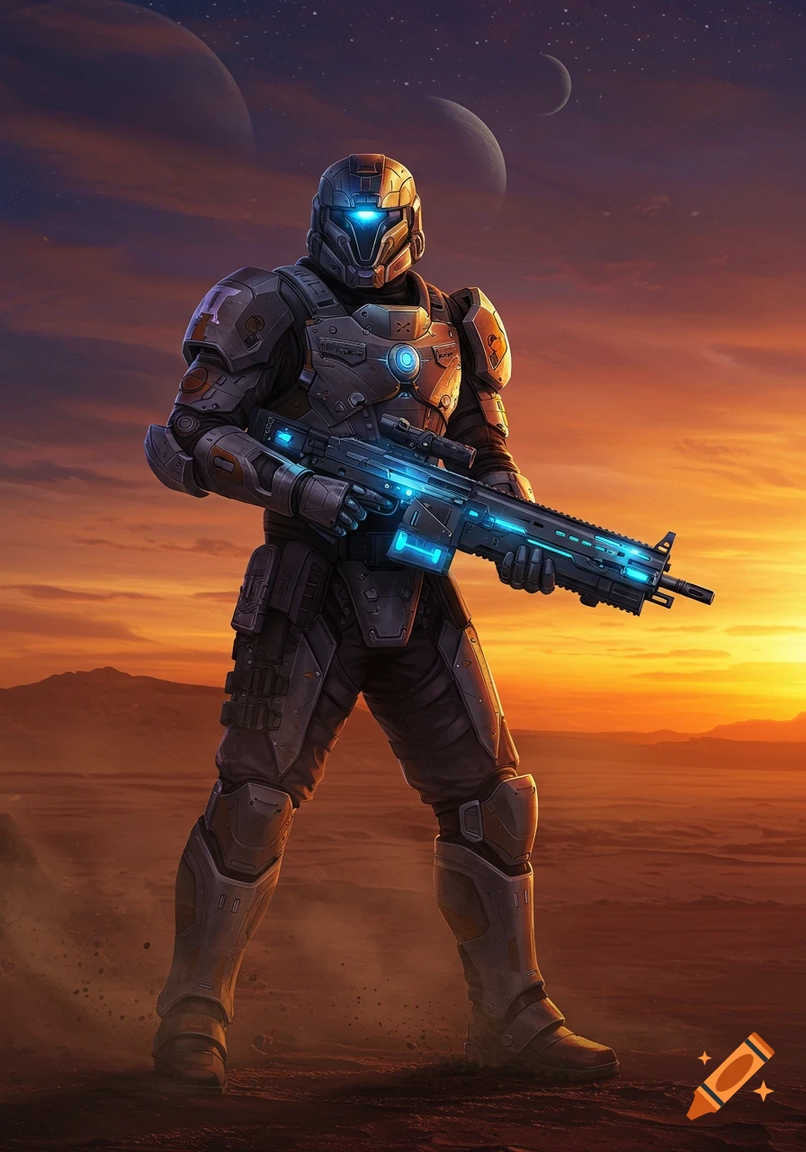 A futuristic soldier in a dark armored suit holds a glowing blue rifle, standing on a desert planet at sunset with two moons in the sky.