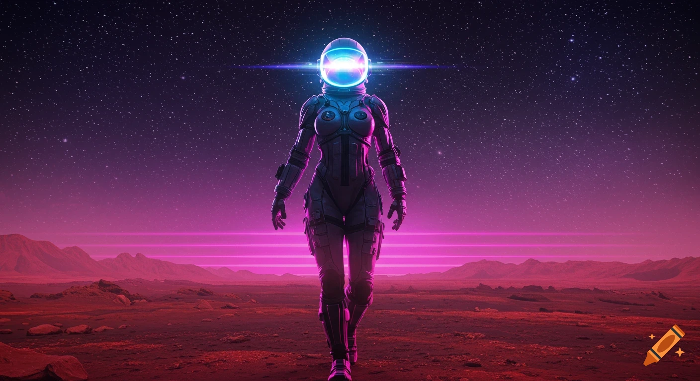 An astronaut in a glowing helmet walks on a red Martian landscape under a starry purple sky, synthwave style.