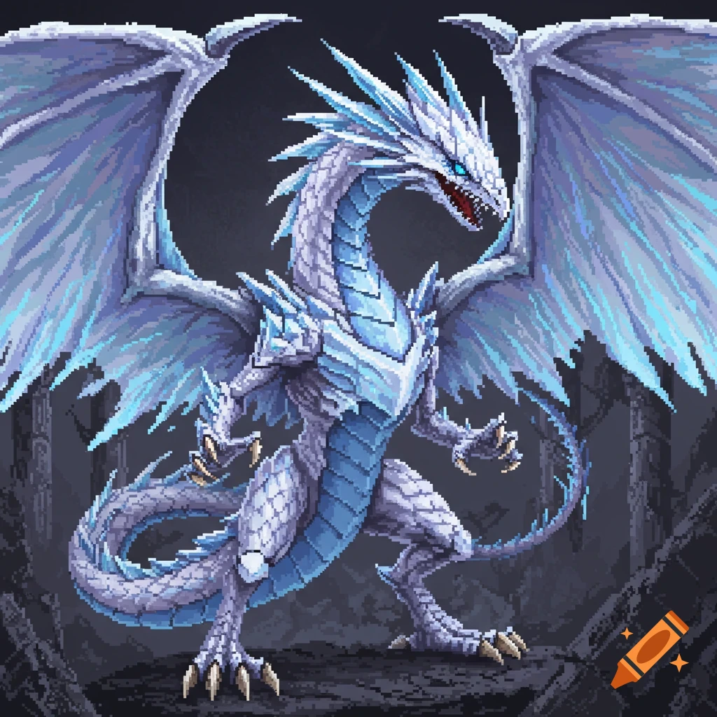 A powerful white and blue pixel art dragon with large wings stands ready to strike.