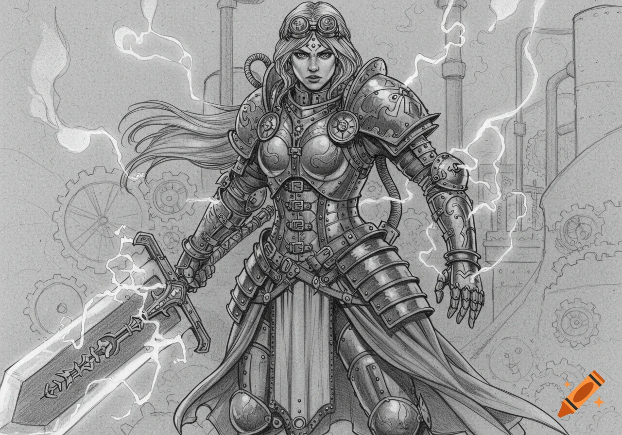 Gray pencil sketch of a female steampunk warrior in brass armor, holding an oversized sword with crackling energy.