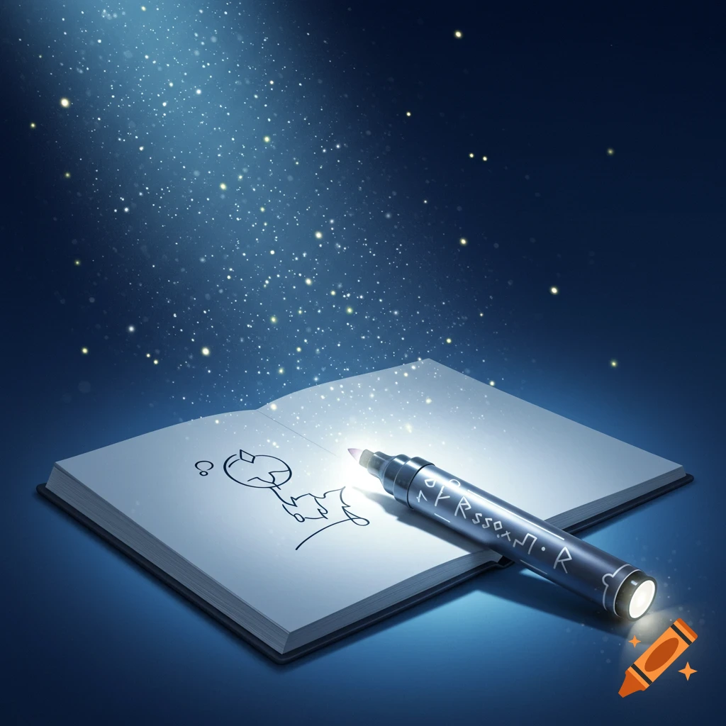 A glowing silver marker lies on an open notebook page with a simple drawing, surrounded by magical sparkling light against a blue background.