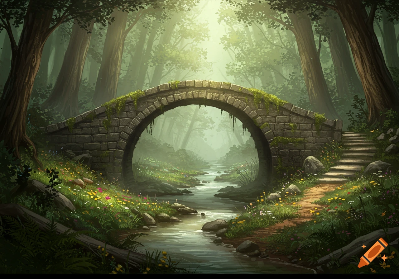 A moss-covered stone arch bridge spans a peaceful stream in a lush, misty forest with a winding path.