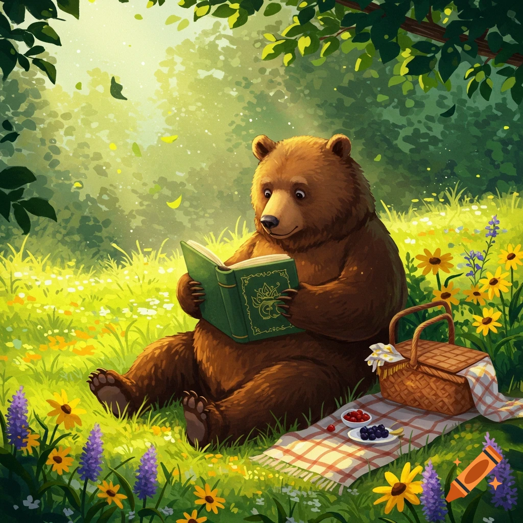 An illustrated brown bear sits reading a green book in a sunny, wildflower-filled forest clearing, with a picnic basket nearby.