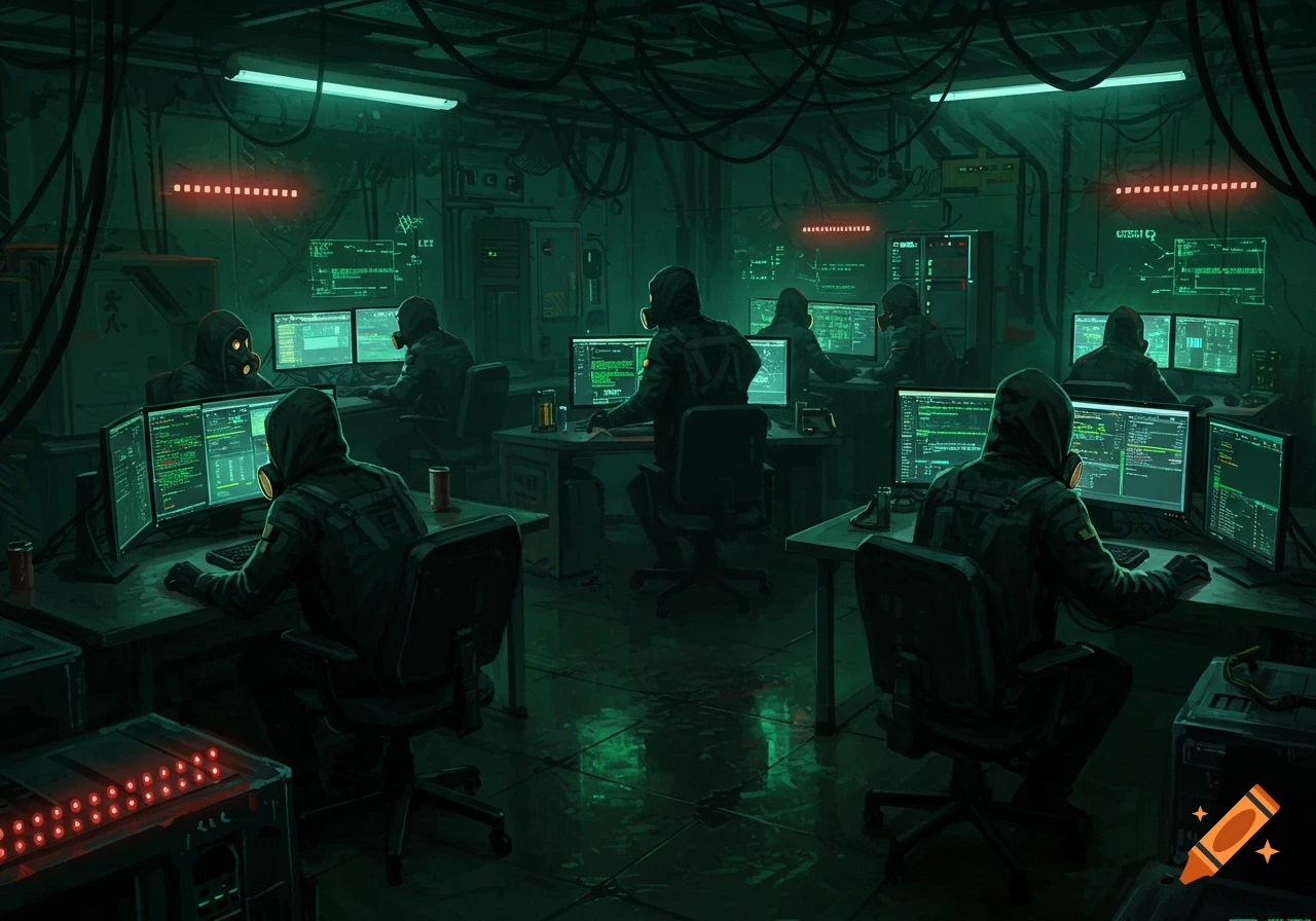 A dark, green-lit room where several hooded figures in gas masks work on multiple computer screens, a cyberpunk hacker scene.