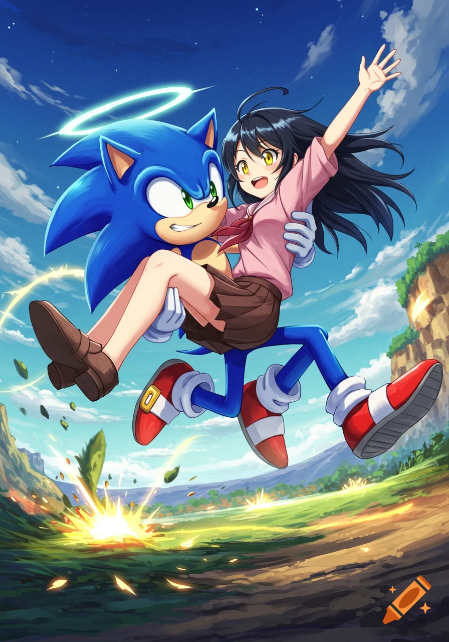 Anime-style Sonic the Hedgehog carries a black-haired girl wearing a pink shirt and brown skirt, jumping through a sunny, vibrant landscape.