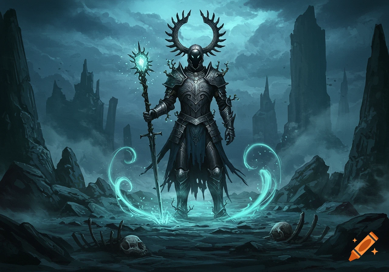 Dark armored knight with a horned helmet holding a glowing staff and sword in a desolate, rocky, dark fantasy landscape with ruins and skulls.
